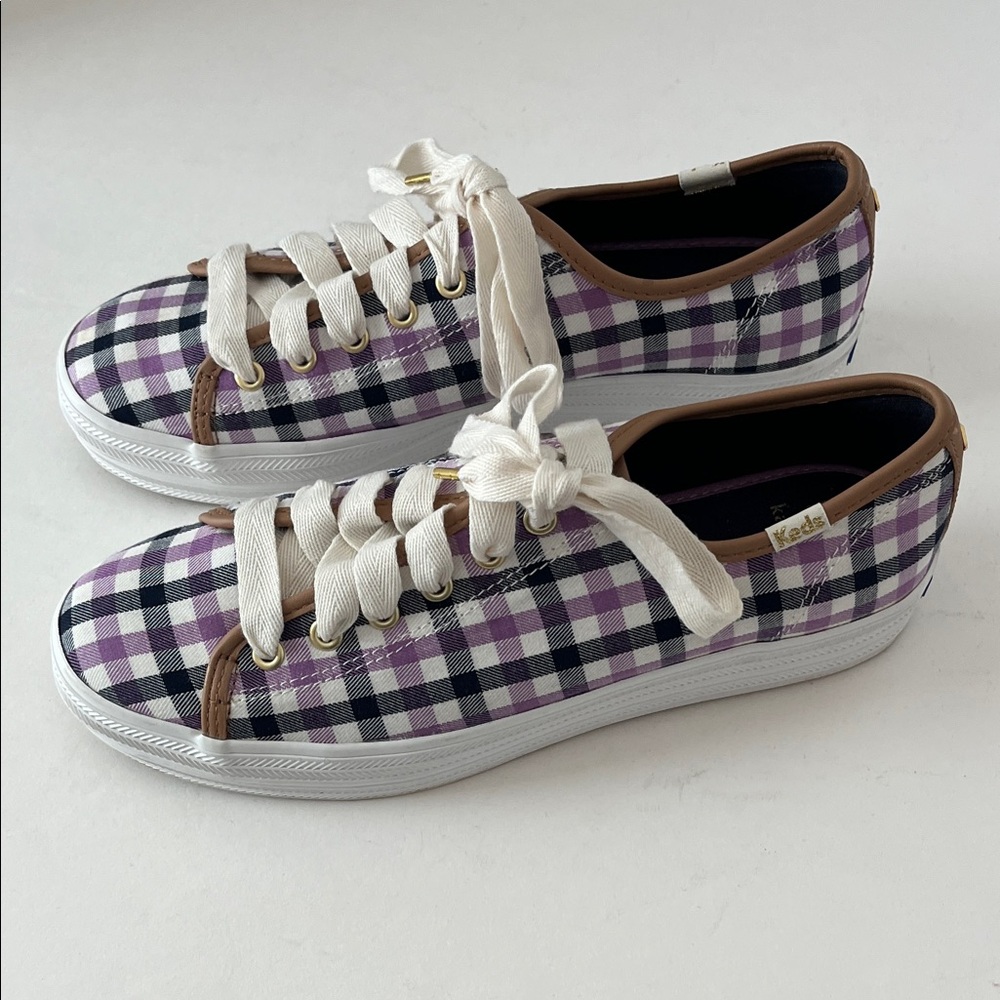 Keds Kate Spade Purple Black Plaid Gingham Print Tie Sneakers Platform Preppy 8 - Picture 3 of 15